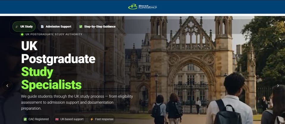 BestComfort Global homepage: UK postgraduate study specialists hero with admission support highlights