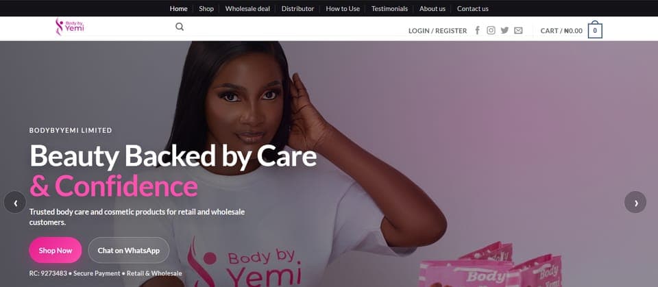 Body by Yemi homepage: Beauty Backed by Care & Confidence hero with Shop Now and WhatsApp buttons