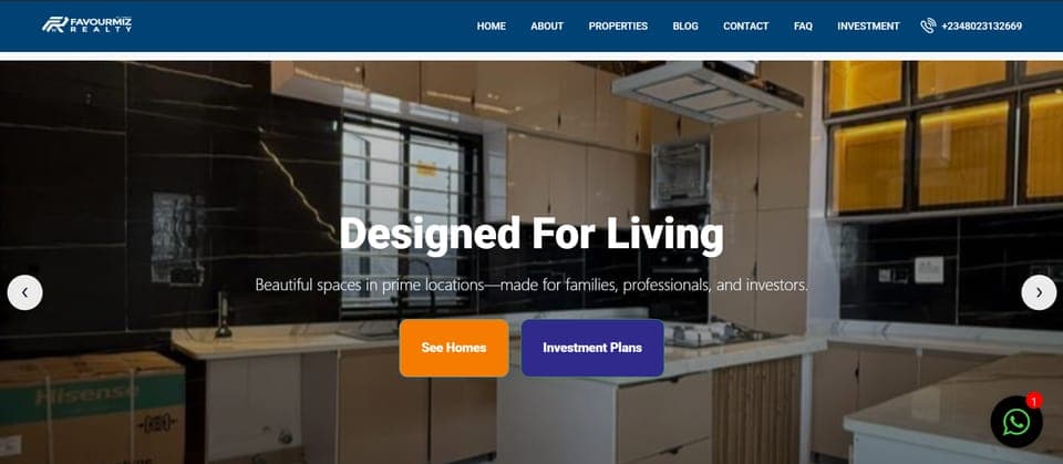 Favourmiz Realty homepage: Designed For Living hero over a modern kitchen interior, with See Homes and Investment Plans buttons
