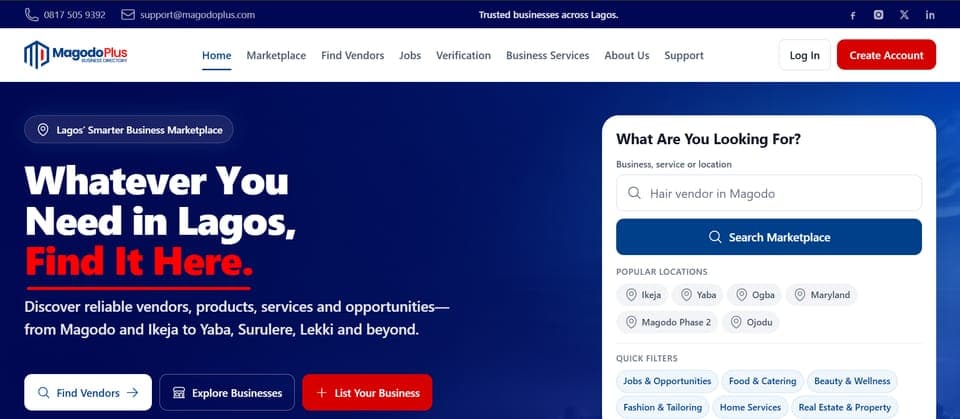 MagodoPlus.com homepage: Whatever You Need in Lagos hero with the marketplace search panel