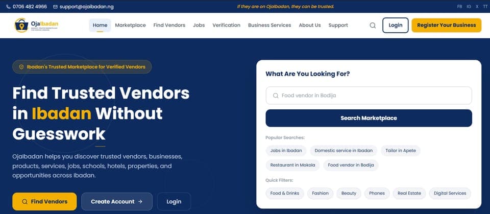 OjaIbadan.ng homepage: Find Trusted Vendors in Ibadan hero with the marketplace search panel